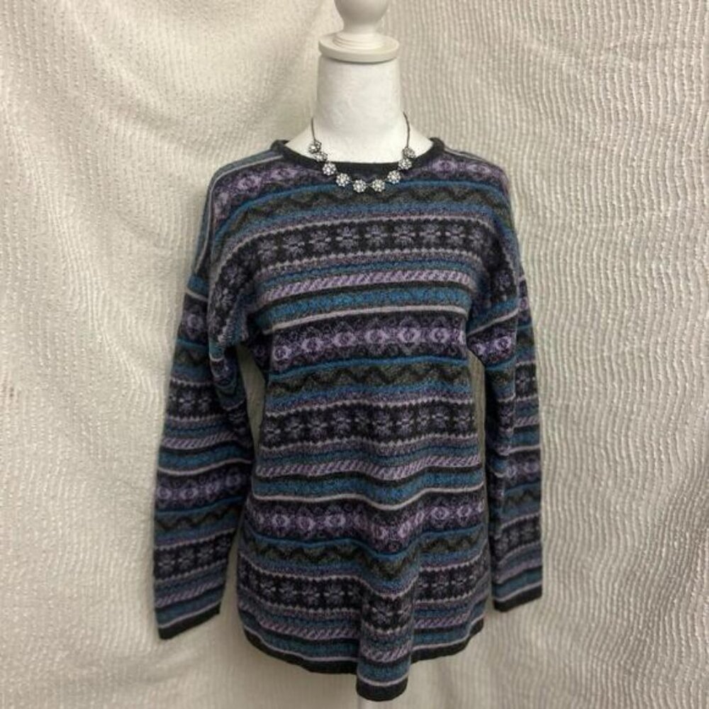 Vintage Maglia Donna Wool Blend Sweater L Italy Gray Purple Blue Striped Boho